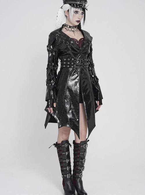 Black Dark-Patterned Glossy Leather Large Lapel V-Neck Multi-Loop Design Pointed Hem Long Sleeves Punk Style Mid-Length Coat