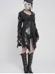 Black Dark-Patterned Glossy Leather Large Lapel V-Neck Multi-Loop Design Pointed Hem Long Sleeves Punk Style Mid-Length Coat