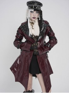 Red Dark-Patterned Glossy Leather Large Lapel V-Neck Multi-Loop Design Pointed Hem Long Sleeves Punk Style Mid-Length Coat