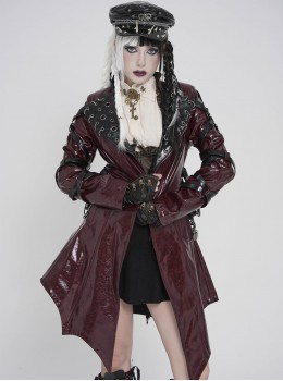 Red Dark-Patterned Glossy Leather Large Lapel V-Neck Multi-Loop Design Pointed Hem Long Sleeves Punk Style Mid-Length Coat