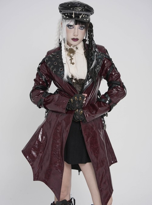 Red Dark-Patterned Glossy Leather Large Lapel V-Neck Multi-Loop Design Pointed Hem Long Sleeves Punk Style Mid-Length Coat
