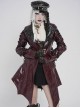 Red Dark-Patterned Glossy Leather Large Lapel V-Neck Multi-Loop Design Pointed Hem Long Sleeves Punk Style Mid-Length Coat
