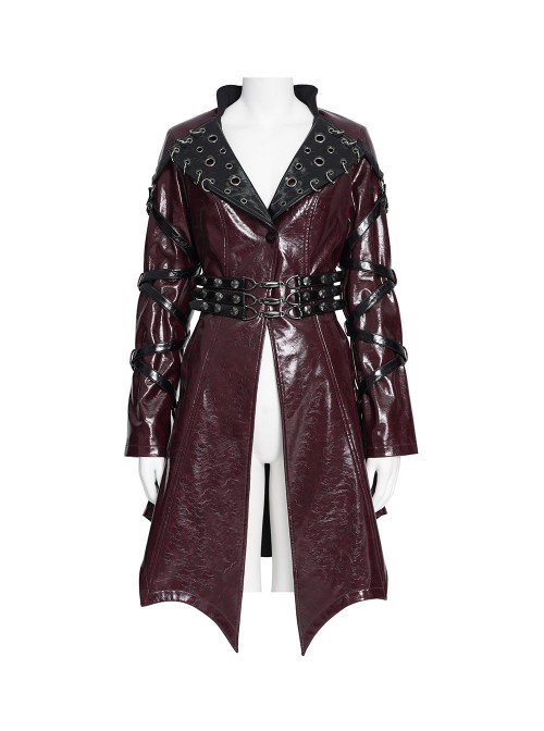 Red Dark-Patterned Glossy Leather Large Lapel V-Neck Multi-Loop Design Pointed Hem Long Sleeves Punk Style Mid-Length Coat