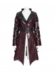 Red Dark-Patterned Glossy Leather Large Lapel V-Neck Multi-Loop Design Pointed Hem Long Sleeves Punk Style Mid-Length Coat