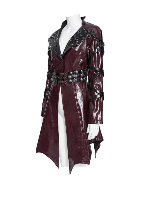 Red Dark-Patterned Glossy Leather Large Lapel V-Neck Multi-Loop Design Pointed Hem Long Sleeves Punk Style Mid-Length Coat