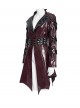 Red Dark-Patterned Glossy Leather Large Lapel V-Neck Multi-Loop Design Pointed Hem Long Sleeves Punk Style Mid-Length Coat