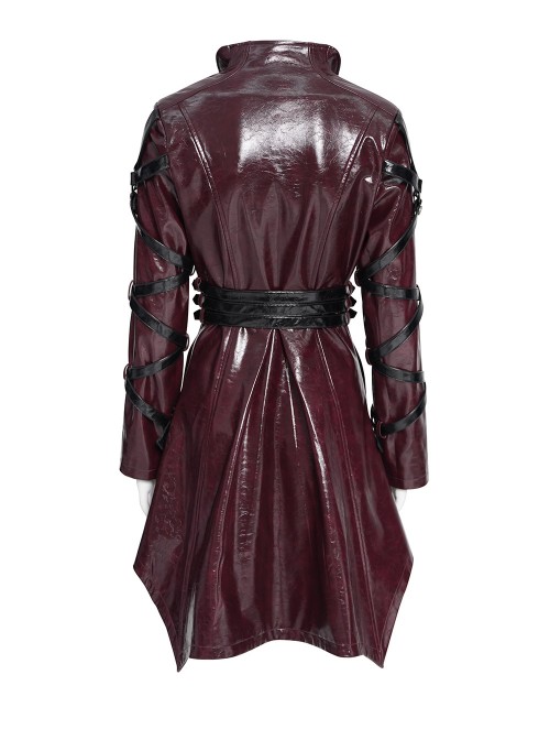 Red Dark-Patterned Glossy Leather Large Lapel V-Neck Multi-Loop Design Pointed Hem Long Sleeves Punk Style Mid-Length Coat