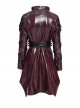 Red Dark-Patterned Glossy Leather Large Lapel V-Neck Multi-Loop Design Pointed Hem Long Sleeves Punk Style Mid-Length Coat