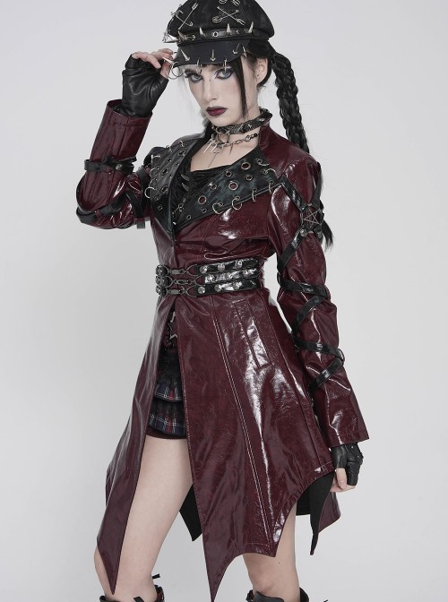 Red Dark-Patterned Glossy Leather Large Lapel V-Neck Multi-Loop Design Pointed Hem Long Sleeves Punk Style Mid-Length Coat