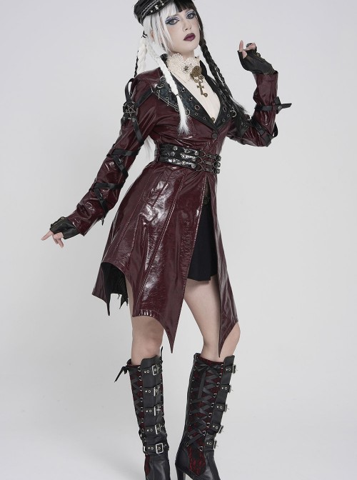 Red Dark-Patterned Glossy Leather Large Lapel V-Neck Multi-Loop Design Pointed Hem Long Sleeves Punk Style Mid-Length Coat
