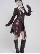Red Dark-Patterned Glossy Leather Large Lapel V-Neck Multi-Loop Design Pointed Hem Long Sleeves Punk Style Mid-Length Coat