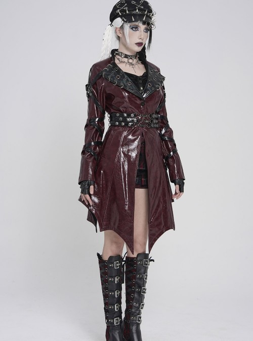 Red Dark-Patterned Glossy Leather Large Lapel V-Neck Multi-Loop Design Pointed Hem Long Sleeves Punk Style Mid-Length Coat