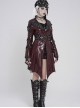 Red Dark-Patterned Glossy Leather Large Lapel V-Neck Multi-Loop Design Pointed Hem Long Sleeves Punk Style Mid-Length Coat