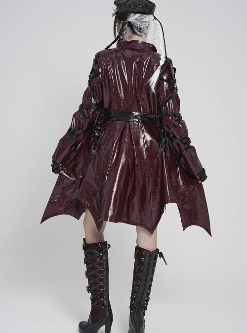Red Dark-Patterned Glossy Leather Large Lapel V-Neck Multi-Loop Design Pointed Hem Long Sleeves Punk Style Mid-Length Coat