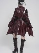 Red Dark-Patterned Glossy Leather Large Lapel V-Neck Multi-Loop Design Pointed Hem Long Sleeves Punk Style Mid-Length Coat