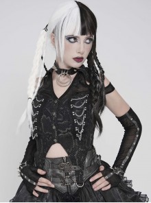Black Snakeskin Print Woven Halter Neck Off-Shoulder Sides Metal Chains Decoration Punk Style Sleeveless Shirt