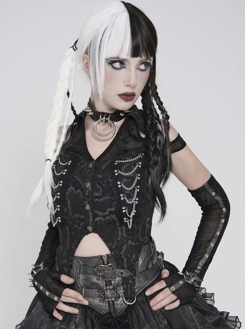 Black Snakeskin Print Woven Halter Neck Off-Shoulder Sides Metal Chains Decoration Punk Style Sleeveless Shirt