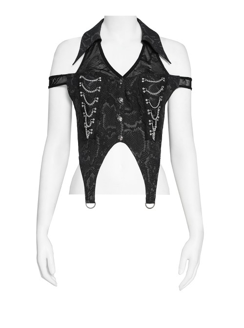 Black Snakeskin Print Woven Halter Neck Off-Shoulder Sides Metal Chains Decoration Punk Style Sleeveless Shirt