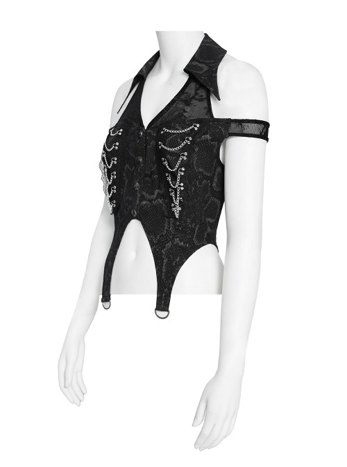 Black Snakeskin Print Woven Halter Neck Off-Shoulder Sides Metal Chains Decoration Punk Style Sleeveless Shirt