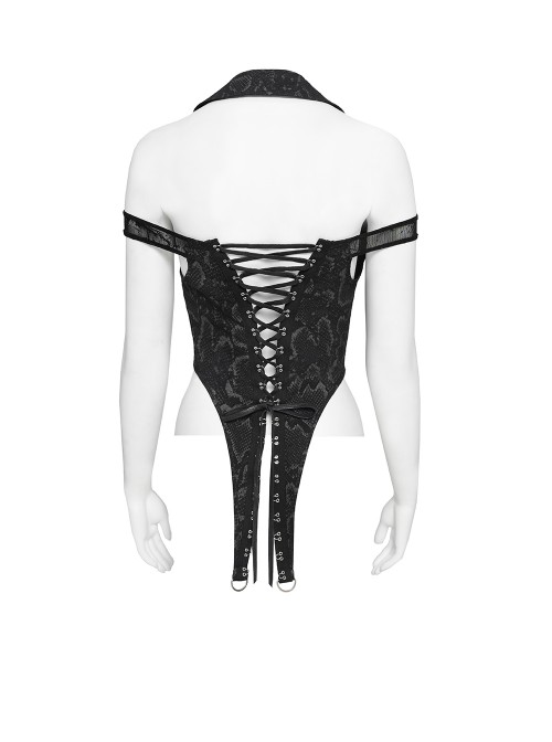Black Snakeskin Print Woven Halter Neck Off-Shoulder Sides Metal Chains Decoration Punk Style Sleeveless Shirt