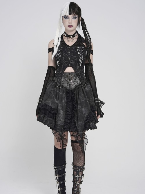 Black Snakeskin Print Woven Halter Neck Off-Shoulder Sides Metal Chains Decoration Punk Style Sleeveless Shirt