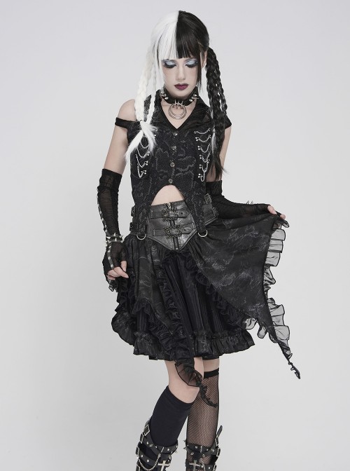 Black Snakeskin Print Woven Halter Neck Off-Shoulder Sides Metal Chains Decoration Punk Style Sleeveless Shirt