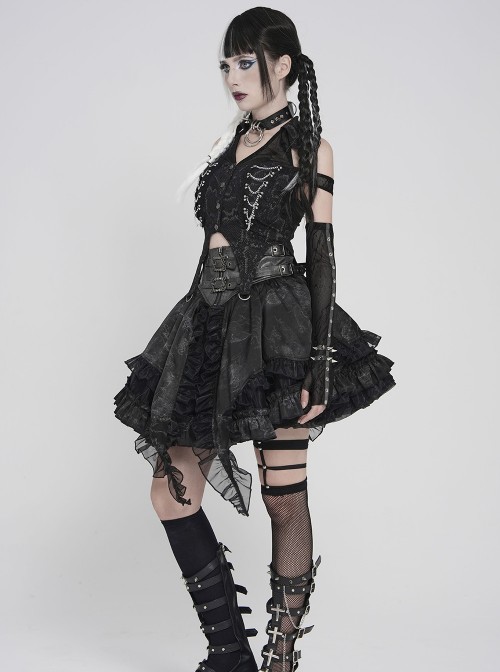 Black Snakeskin Print Woven Halter Neck Off-Shoulder Sides Metal Chains Decoration Punk Style Sleeveless Shirt