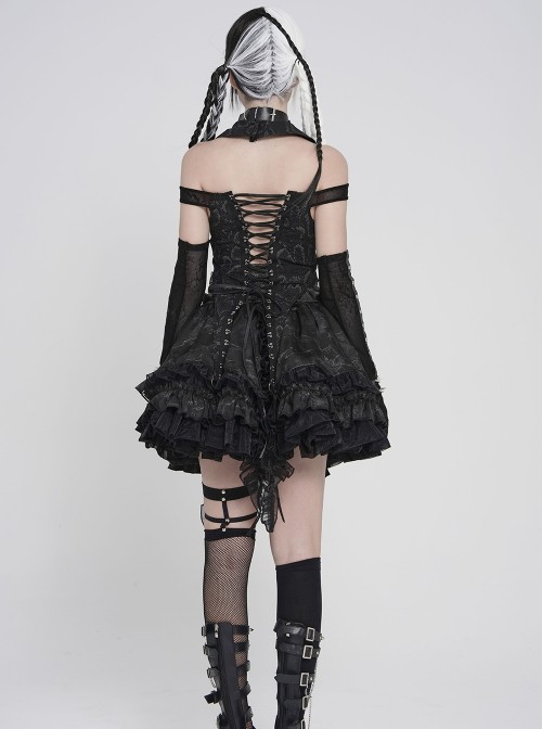 Black Snakeskin Print Woven Halter Neck Off-Shoulder Sides Metal Chains Decoration Punk Style Sleeveless Shirt