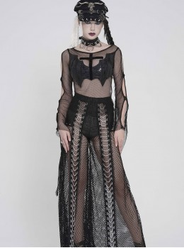 Black Elastic Mesh Chest Knitted Bat-Shaped Flocked Ribbons Cross Decoration Hollow Out Long Bell Sleeves Punk Style T-Shirt