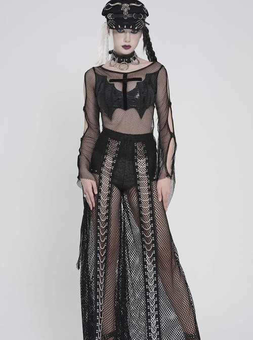 Black Elastic Mesh Chest Knitted Bat-Shaped Flocked Ribbons Cross Decoration Hollow Out Long Bell Sleeves Punk Style T-Shirt