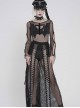 Black Elastic Mesh Chest Knitted Bat-Shaped Flocked Ribbons Cross Decoration Hollow Out Long Bell Sleeves Punk Style T-Shirt