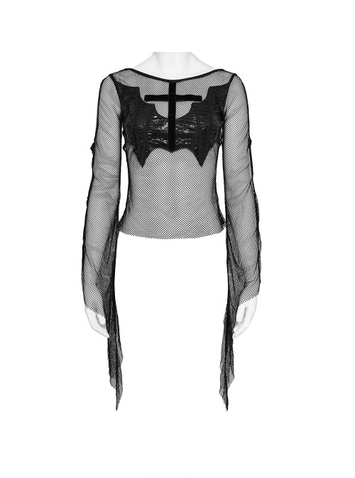 Black Elastic Mesh Chest Knitted Bat-Shaped Flocked Ribbons Cross Decoration Hollow Out Long Bell Sleeves Punk Style T-Shirt