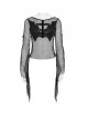 Black Elastic Mesh Chest Knitted Bat-Shaped Flocked Ribbons Cross Decoration Hollow Out Long Bell Sleeves Punk Style T-Shirt