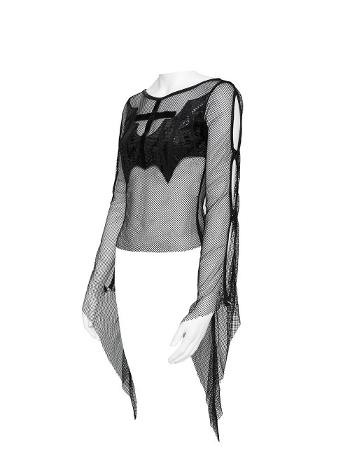 Black Elastic Mesh Chest Knitted Bat-Shaped Flocked Ribbons Cross Decoration Hollow Out Long Bell Sleeves Punk Style T-Shirt