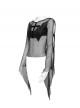 Black Elastic Mesh Chest Knitted Bat-Shaped Flocked Ribbons Cross Decoration Hollow Out Long Bell Sleeves Punk Style T-Shirt