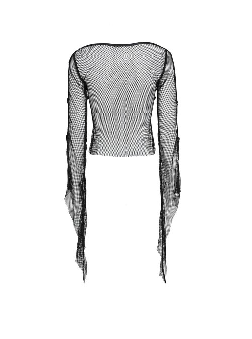 Black Elastic Mesh Chest Knitted Bat-Shaped Flocked Ribbons Cross Decoration Hollow Out Long Bell Sleeves Punk Style T-Shirt