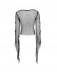 Black Elastic Mesh Chest Knitted Bat-Shaped Flocked Ribbons Cross Decoration Hollow Out Long Bell Sleeves Punk Style T-Shirt
