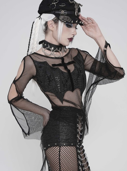 Black Elastic Mesh Chest Knitted Bat-Shaped Flocked Ribbons Cross Decoration Hollow Out Long Bell Sleeves Punk Style T-Shirt