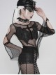 Black Elastic Mesh Chest Knitted Bat-Shaped Flocked Ribbons Cross Decoration Hollow Out Long Bell Sleeves Punk Style T-Shirt