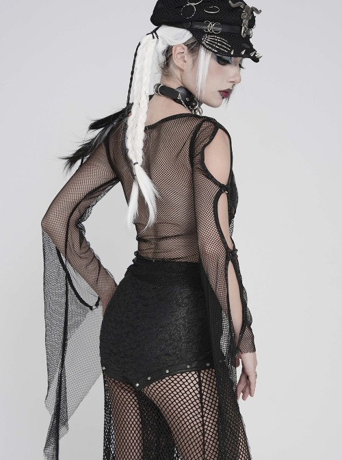Black Elastic Mesh Chest Knitted Bat-Shaped Flocked Ribbons Cross Decoration Hollow Out Long Bell Sleeves Punk Style T-Shirt