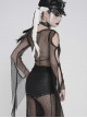 Black Elastic Mesh Chest Knitted Bat-Shaped Flocked Ribbons Cross Decoration Hollow Out Long Bell Sleeves Punk Style T-Shirt