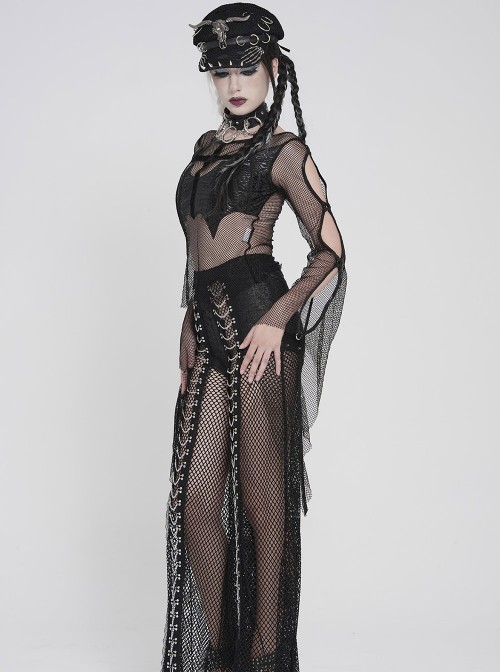 Black Elastic Mesh Chest Knitted Bat-Shaped Flocked Ribbons Cross Decoration Hollow Out Long Bell Sleeves Punk Style T-Shirt