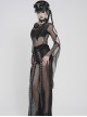 Black Elastic Mesh Chest Knitted Bat-Shaped Flocked Ribbons Cross Decoration Hollow Out Long Bell Sleeves Punk Style T-Shirt