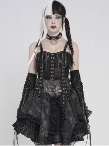Black Snakeskin Knit Chains Hanging Design Metal Webbing Decoration Vest Punk Style Slip Short T-Shirt