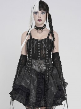 Black Snakeskin Knit Chains Hanging Design Metal Webbing Decoration Vest Punk Style Slip Short T-Shirt