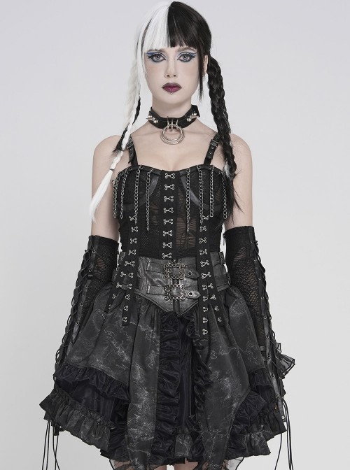Black Snakeskin Knit Chains Hanging Design Metal Webbing Decoration Vest Punk Style Slip Short T-Shirt