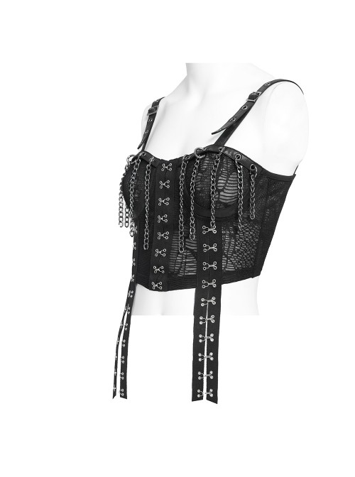 Black Snakeskin Knit Chains Hanging Design Metal Webbing Decoration Vest Punk Style Slip Short T-Shirt