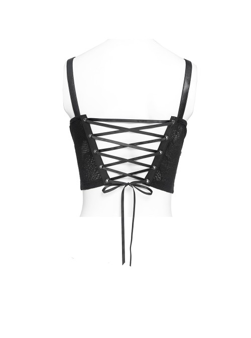 Black Snakeskin Knit Chains Hanging Design Metal Webbing Decoration Vest Punk Style Slip Short T-Shirt