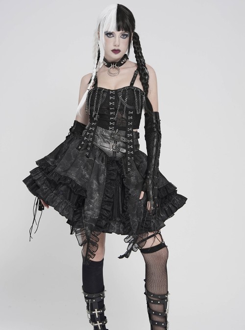 Black Snakeskin Knit Chains Hanging Design Metal Webbing Decoration Vest Punk Style Slip Short T-Shirt