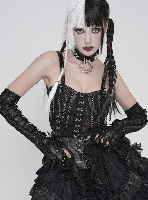 Black Snakeskin Knit Chains Hanging Design Metal Webbing Decoration Vest Punk Style Slip Short T-Shirt